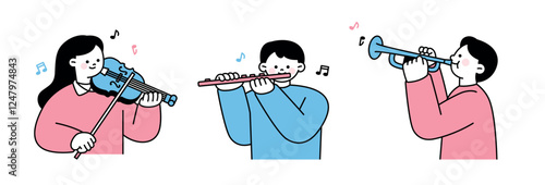 A cute and minimalist illustration of musicians playing violin, flute, and trumpet. A charming and modern flat design representing music, orchestra, and performance.