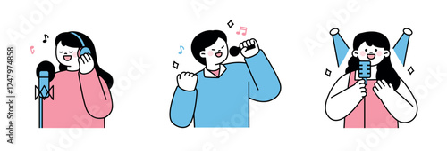 A modern flat illustration of singers performing on stage and recording in a studio, perfect for music, entertainment, and talent themes.