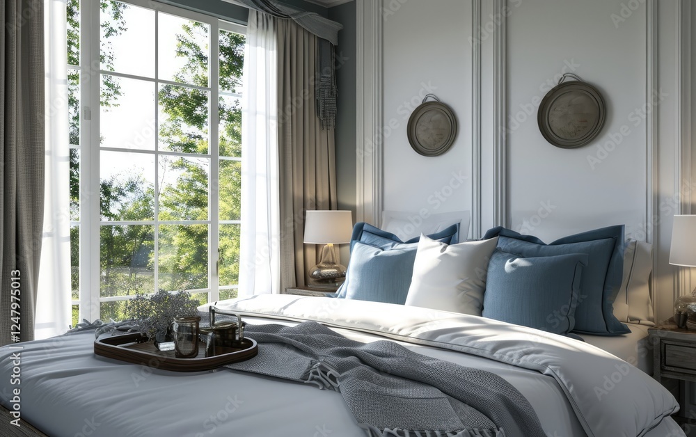 Trendy bedroom with white bedding blue pillows and a wooden tray on the bed, calm modern bedroom