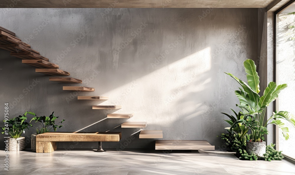 Industrial home interior entrance way with wooden staircase and stylish bench complemented by potted plants near a concrete wall