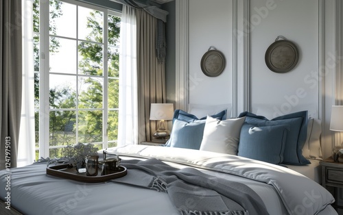 Obraz na płótnie Trendy bedroom with white bedding blue pillows and a wooden tray on the bed, calm modern bedroom w salonie