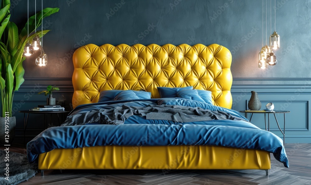 Bedroom Design with a yellow leather tufted headboard bed with blue blanket near houseplant potted, complemented by a dark interior and ambient lighting.