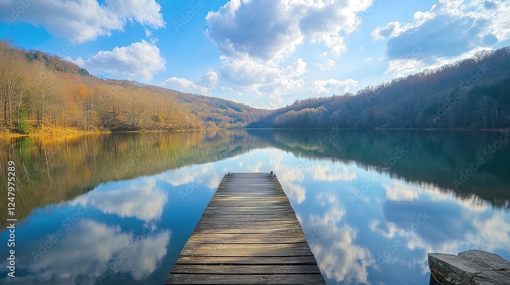 Wooden Dock Extending into Calm Lake Mountain Reflections Wooden Dock Extending into Calm Lake Mountain Reflections