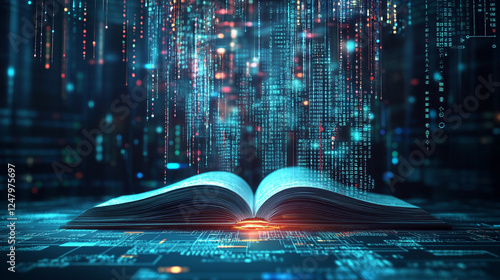 A digital illustration of an open book on a desk with glowing futuristic background, An open book in a mystical library glowing digital elements, and Vibrant digital matrix raining over an open book.