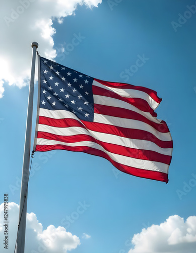 American flag waving proudly in a clear blue sky.