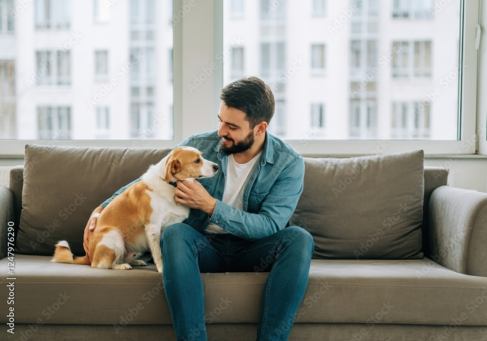 Man petting dog on couch in modern apartment Man petting dog on couch in modern apartment