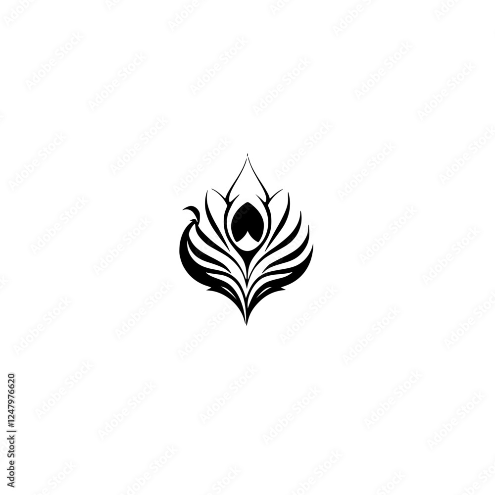 Elegant black peacock feather graphic with a unique and stylized heart shaped center, on white backdrop. Elegant black peacock feather graphic with a unique and stylized heart shaped center, on white backdrop.