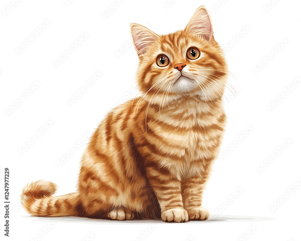 Obraz premium Cute ginger kitten sitting, looking up, isolated white background. Possible use pet adoption