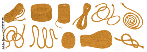 Set of rope in knots, coils and skeins. Hardware store. Household and agricultural tools. Climbing equipment. Jute for handicrafts. Marine gear. Vector illustration isolated on transparent background.
