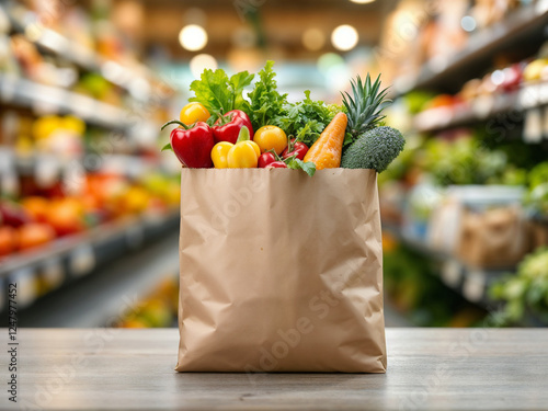 Groceries fill paper bag displayed on table at supermarket healthy food choices freshness