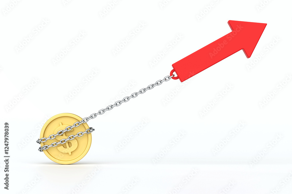 Rising Value, gold coin secured by chain is powerfully pulled upward by large red arrow, symbolizing financial growth and upward trajectory, 3d rendering