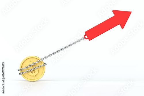 Obraz na płótnie Rising Value, gold coin secured by chain is powerfully pulled upward by large red arrow, symbolizing financial growth and upward trajectory, 3d rendering w salonie