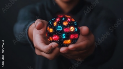 Wallpaper Mural Individual holding a glowing digital globe with various icons, symbolizing global connectivity and technology Torontodigital.ca