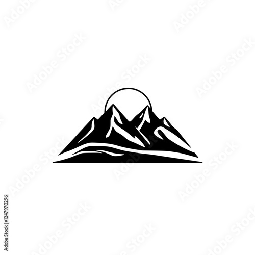 Black and White Mountain Range with Rising Sun: A minimalist illustration of a mountainous landscape with the sun.