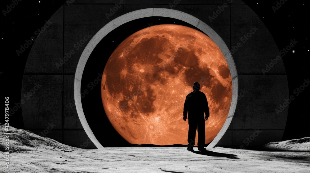 Naklejka premium Silhouette of a person standing on a rocky surface against an enormous brightly lit moon seen through a futuristic portal at nighttime