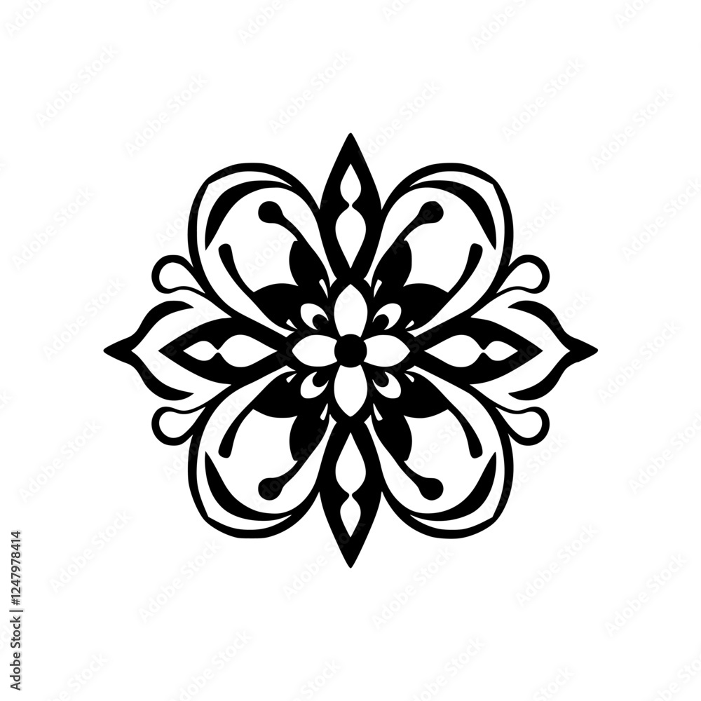 Symmetrical black and white flower pattern on white, minimalist aesthetic. Symmetrical black and white flower pattern on white, minimalist aesthetic.