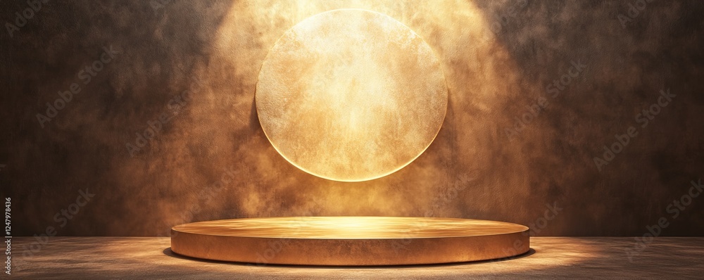 Golden product display, smoky backdrop, spotlight, studio Golden product display, smoky backdrop, spotlight, studio