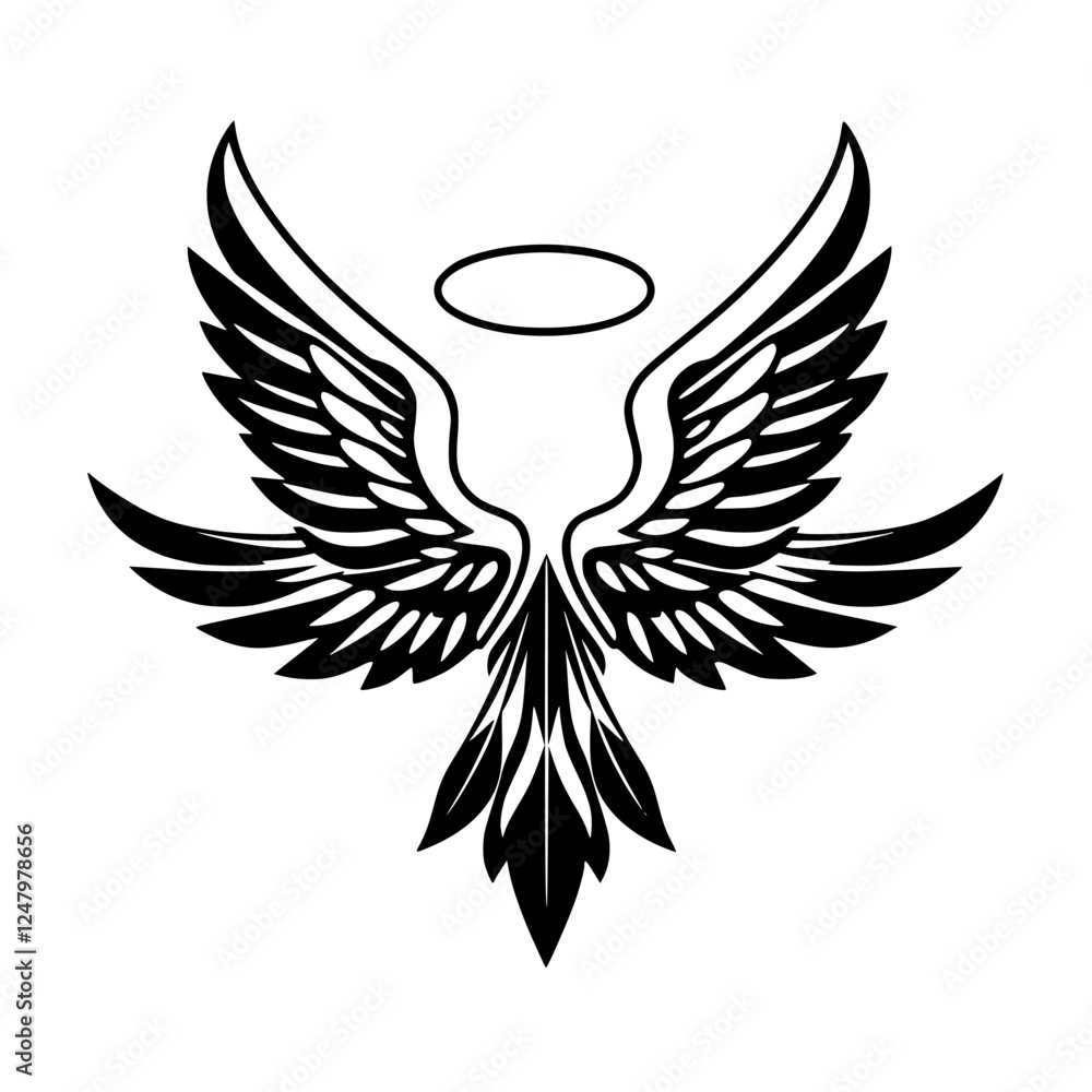 Fototapeta premium Stylized Black Angel Wings with Halo on White Background. Elegant and Minimalist Design.