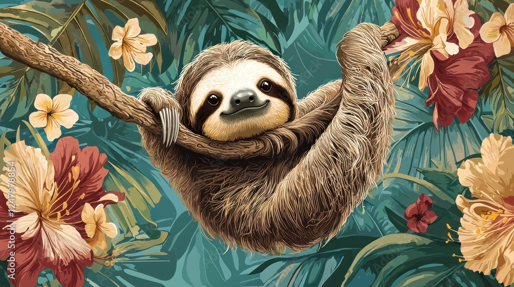 Obraz premium Adorable Sloth Hanging on Branch Amidst Lush Tropical Flowers