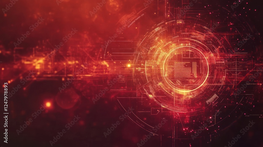 Fototapeta premium Abstract red digital technology background with glowing circular HUD interface and circuit lines.