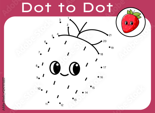 Dot-to-dot game and color activity with strawberry illustration. Fruit connect the dots worksheets for kids. Fruit coloring page for kids. Printable education activity. Kids learning material.