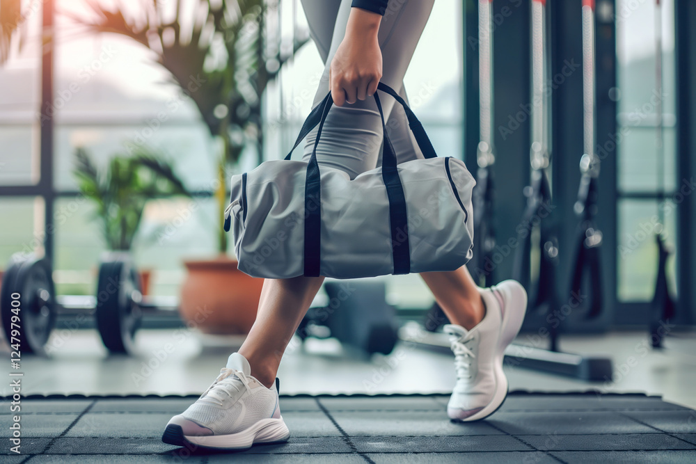 Fototapeta premium Cropped shot of fit sporty woman in sportswear with gym bag wearing toned yoga pants and sneakers getting ready for exercise session at gym.