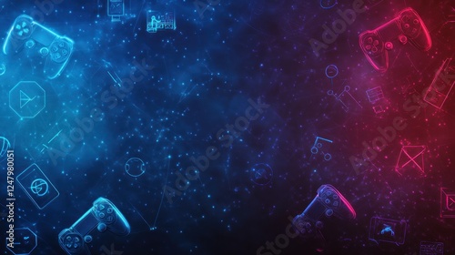 Abstract gaming background with controllers and icons in blue and red neon light.