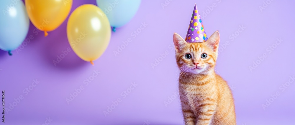 Fototapeta premium Cute ginger kitten wearing a party hat with pastel balloons in the background.