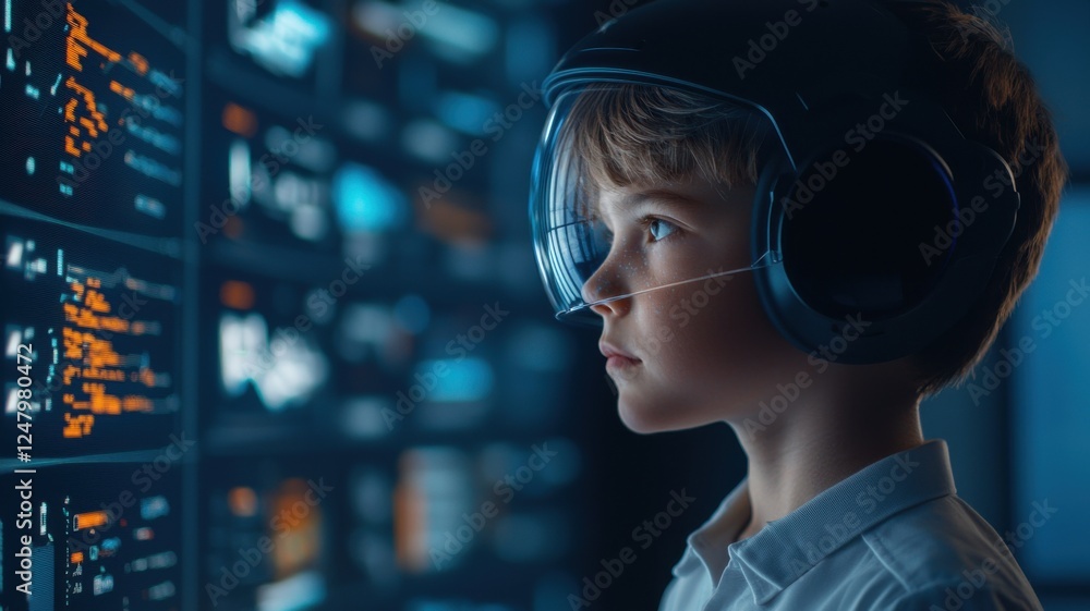 Exploring digital futures young innovator analyzing data interfaces in a tech lab modern environment close-up view Exploring digital futures young innovator analyzing data interfaces in a tech lab modern environment close-up view