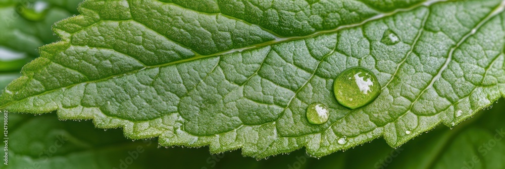 Fototapeta premium Close-up of a green leaf with water droplets.