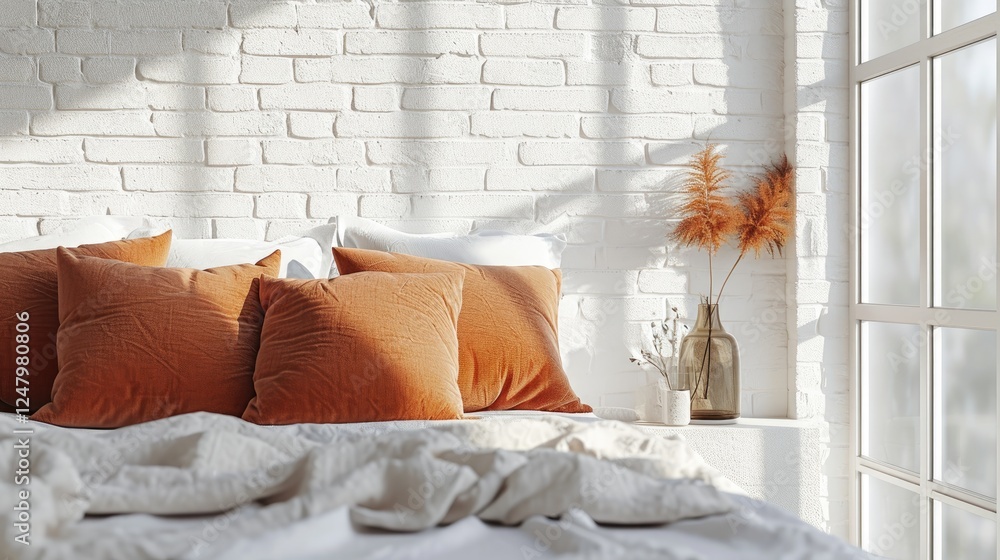 Comfort Bright Bedroom Featuring Orange Pillows and Dried Flowers near Windows against White Brick Wall.