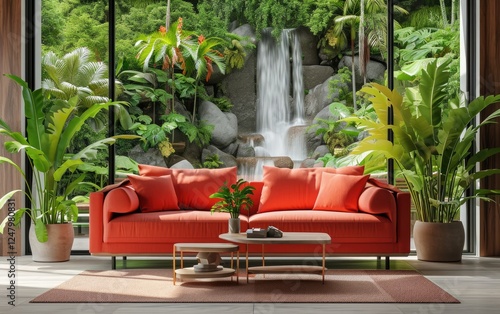 Obraz na płótnie Cozy living room with an orange sofa and table near a houseplant positioned in front of a large window displaying a picturesque tropical waterfall scene. w salonie