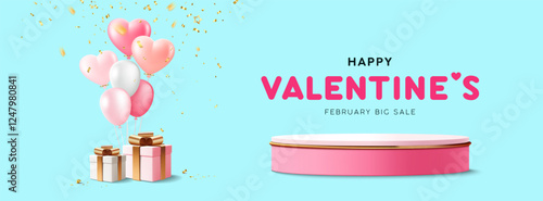 Valentines day podium display stage, heart shaped balloons and gift box gold ribbon, banner design on blue background, Eps 10 vector illustration