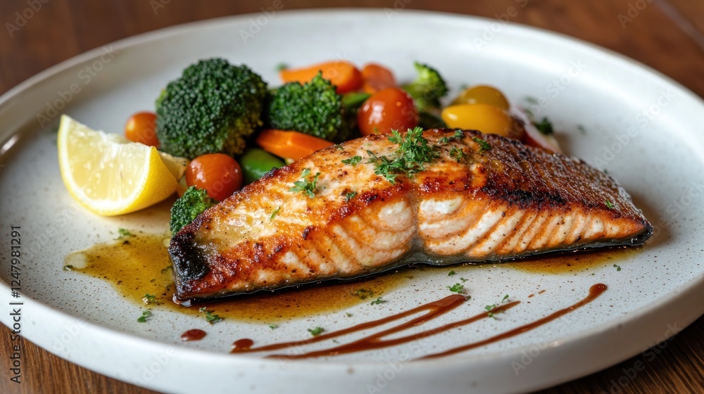 Pan-seared salmon fillet with roasted vegetables and lemon wedge on a white plate. Pan-seared salmon fillet with roasted vegetables and lemon wedge on a white plate.
