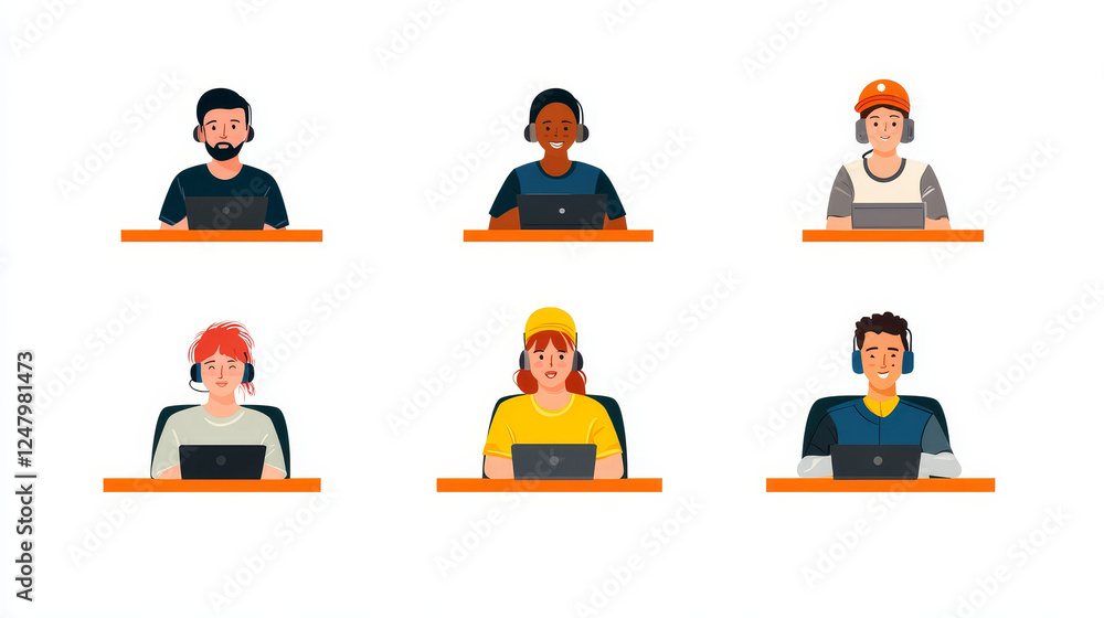 Operators in headset working in call center, customer support service. Diverse people sitting at tables in helpdesk isolated on white background, vector flat illustration Operators in headset working in call center, customer support service. Diverse people sitting at tables in helpdesk isolated on white background, vector flat illustration