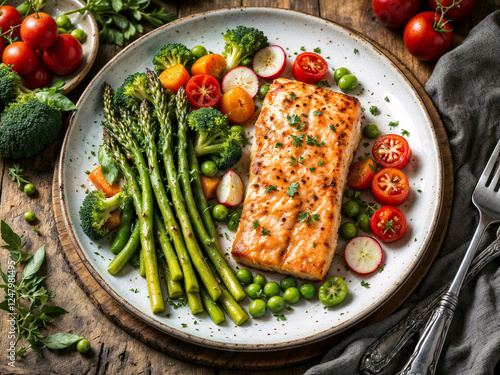 Salmon fillet served with fresh asparagus and tomatoes on a plate ready to eat