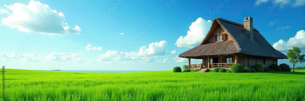 Thatched roof house, emerald field, azure sky backdrop, peaceful, visual, landscape Thatched roof house, emerald field, azure sky backdrop, peaceful, visual, landscape