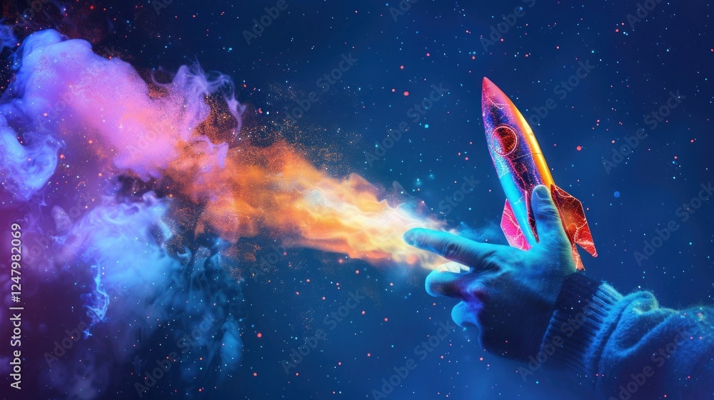 Illustration a rocket launch from digital hand on blue background. Generated AI image Illustration a rocket launch from digital hand on blue background. Generated AI image