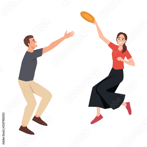 Exciting Frisbee Game in Action. Couple engage in a lively game of frisbee. Flat vector illustration isolated on white background