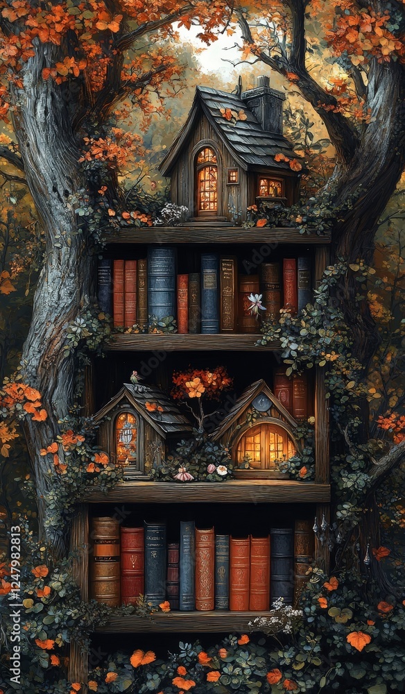 Obraz premium Enchanted Treehouse Library with Colorful Books and Autumn Leaves