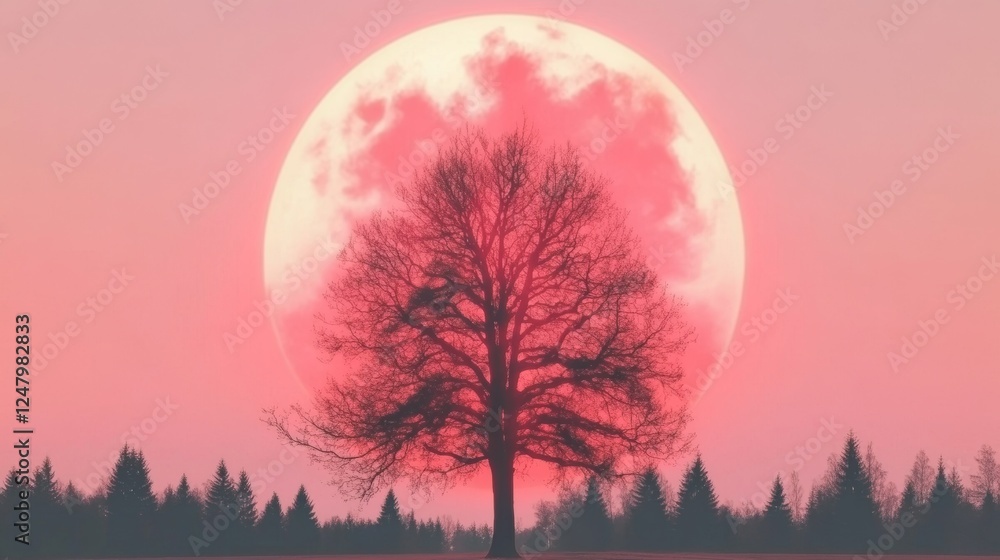 A solitary leafless tree stands silhouetted against a massive pink-tinged moon creating a surreal and otherworldly atmosphere A solitary leafless tree stands silhouetted against a massive pink-tinged moon creating a surreal and otherworldly atmosphere