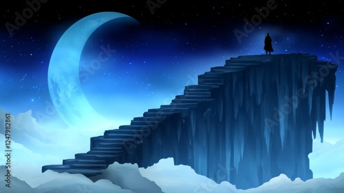 A lone figure at the summit of a celestial staircase beneath a crescent moon in a starry sky amidst a serene and dreamlike atmosphere photo