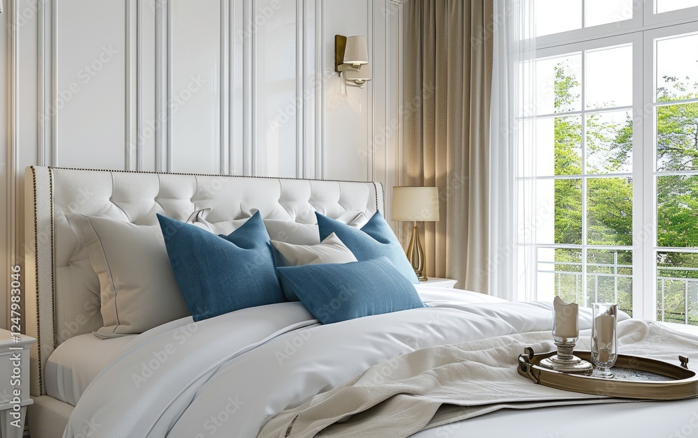 Minimal bedroom features a white bed with blue pillows near beige curtains and a large window overlooking a garden.