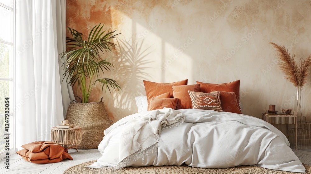 Boho bedroom with cozy a white bedding with terracotta pillows above jute rug, and a natural plant on beige wall backgroud
