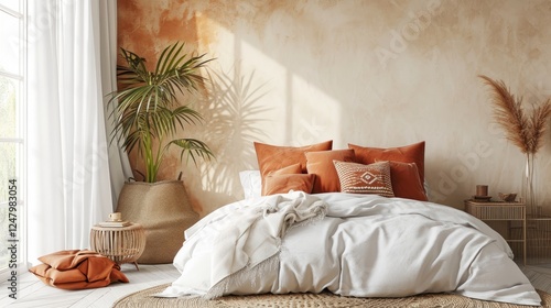 Obraz na płótnie Boho bedroom with cozy a white bedding with terracotta pillows above jute rug, and a natural plant on beige wall backgroud w salonie