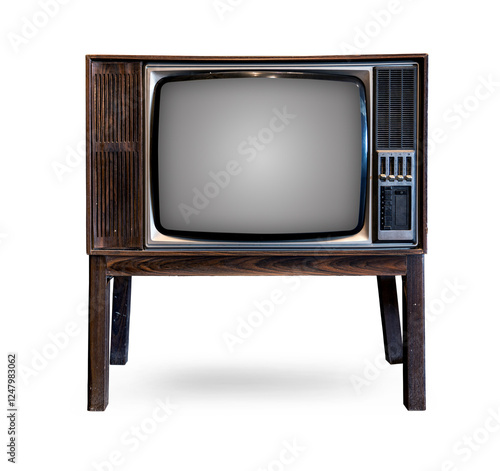 Old vintage Classic retro old Tv technology with wood case television stand isolated on white background.