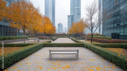 A serene autumn scene in a city park, featuring a lone bench amidst fallen leaves and modern skyscrapers in the background.
