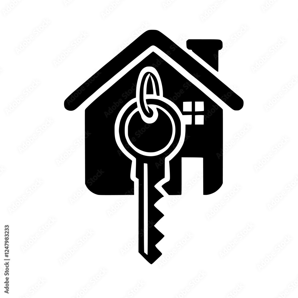 Black-and-white silhouette of a house with a key hanging from a ring. Black-and-white silhouette of a house with a key hanging from a ring.