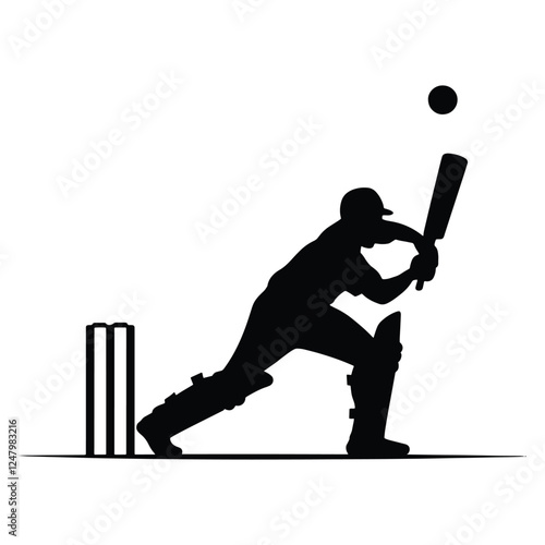 Cricket player silhouette in action pose. Vector illustration of a batsman, bowler, or fielder. Perfect for sports designs, team logos, and tournament graphics.