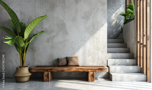 Obraz na płótnie Minimalist Interior Design with Wooden Bench And Houseplants Near Concrete Staircase Hallway w salonie